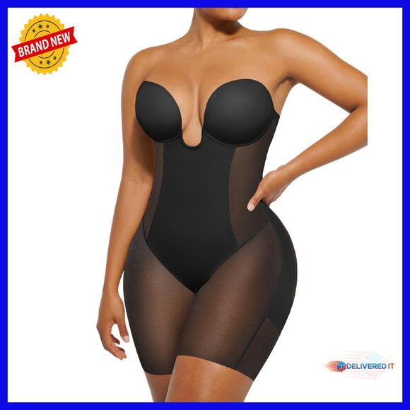 Strapless Shapewear Bodysuit Tummy Control Backless Plunge Mid Thigh